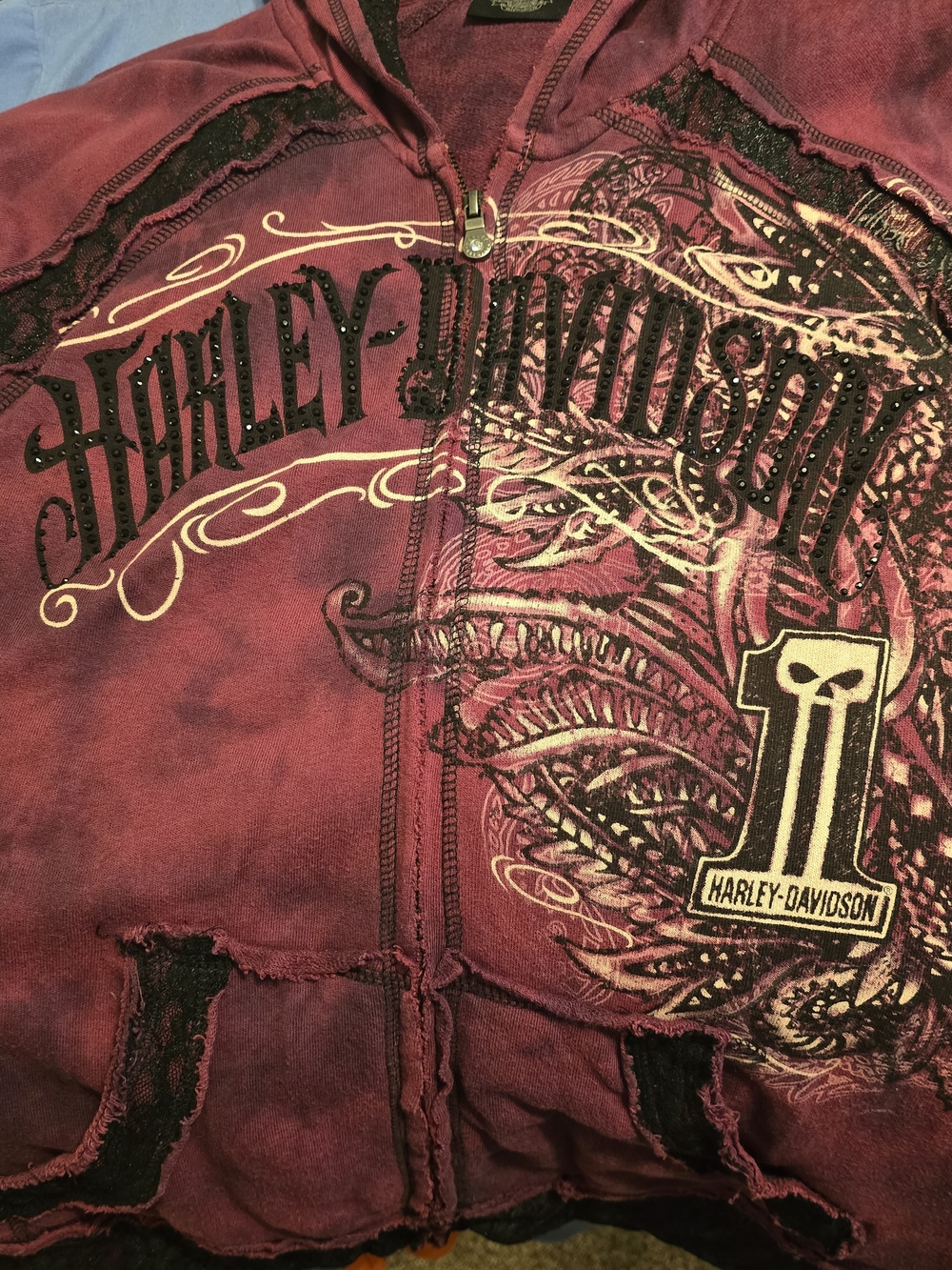 Harley-Davidson Women's Burgundy Zip Hoodie with Black Lace Trim - Picture 4 of 9